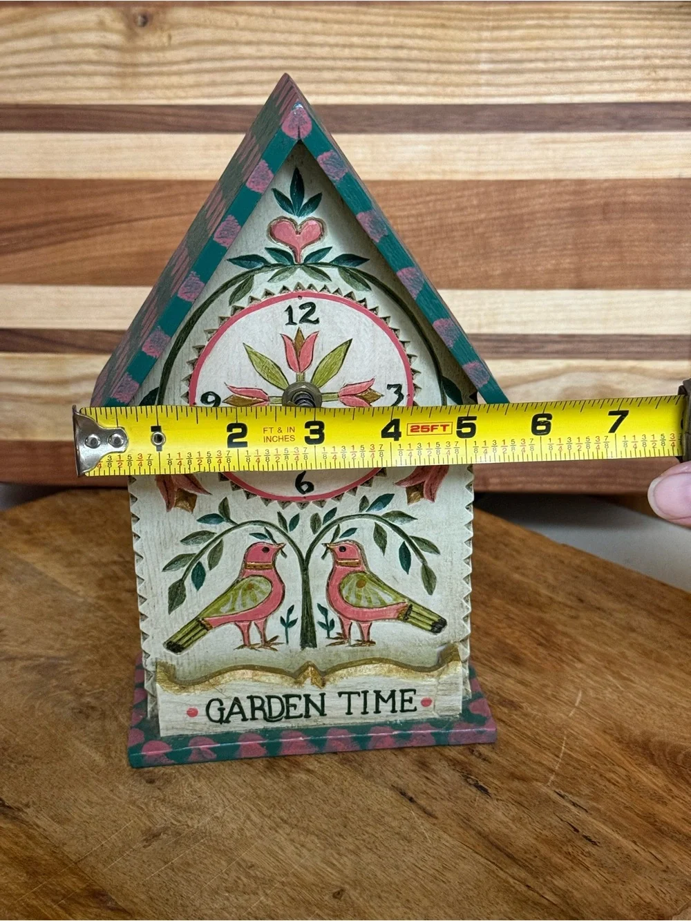 Hand-Painted and Carved Garden Time Wooden Wall Clock - Pink & Green